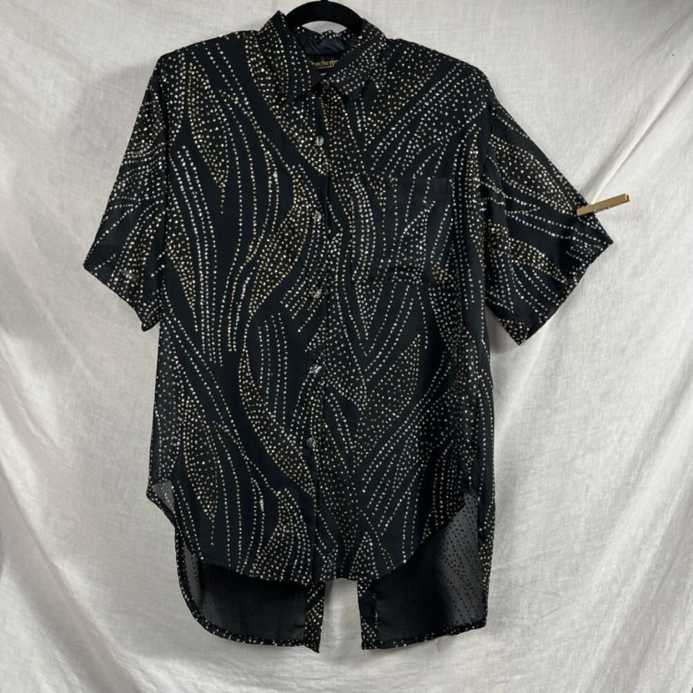 Vintage Francine Browner Glitter Sheer Tuxedo Tail Blouse Womens M Disco‎ Party
